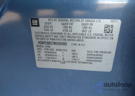 2011 Chevrolet Equinox 2Lt из США, поврежденный, VIN 2CNFLNE57B6383055